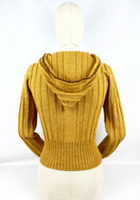 Load image into Gallery viewer, 1930&#39;s Reproduction Hand Knitted Long Sleeved Hooded Cardigan in Mustard Alpaca Wool With Novelty Hat Buttons - Bust 34 35
