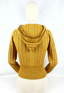 1930's Reproduction Hand Knitted Long Sleeved Hooded Cardigan in Mustard Alpaca Wool With Novelty Hat Buttons - Bust 34 35