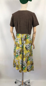 Original 1940s Summer Dress in Brown and Green Tropical Print - Bust 38 40