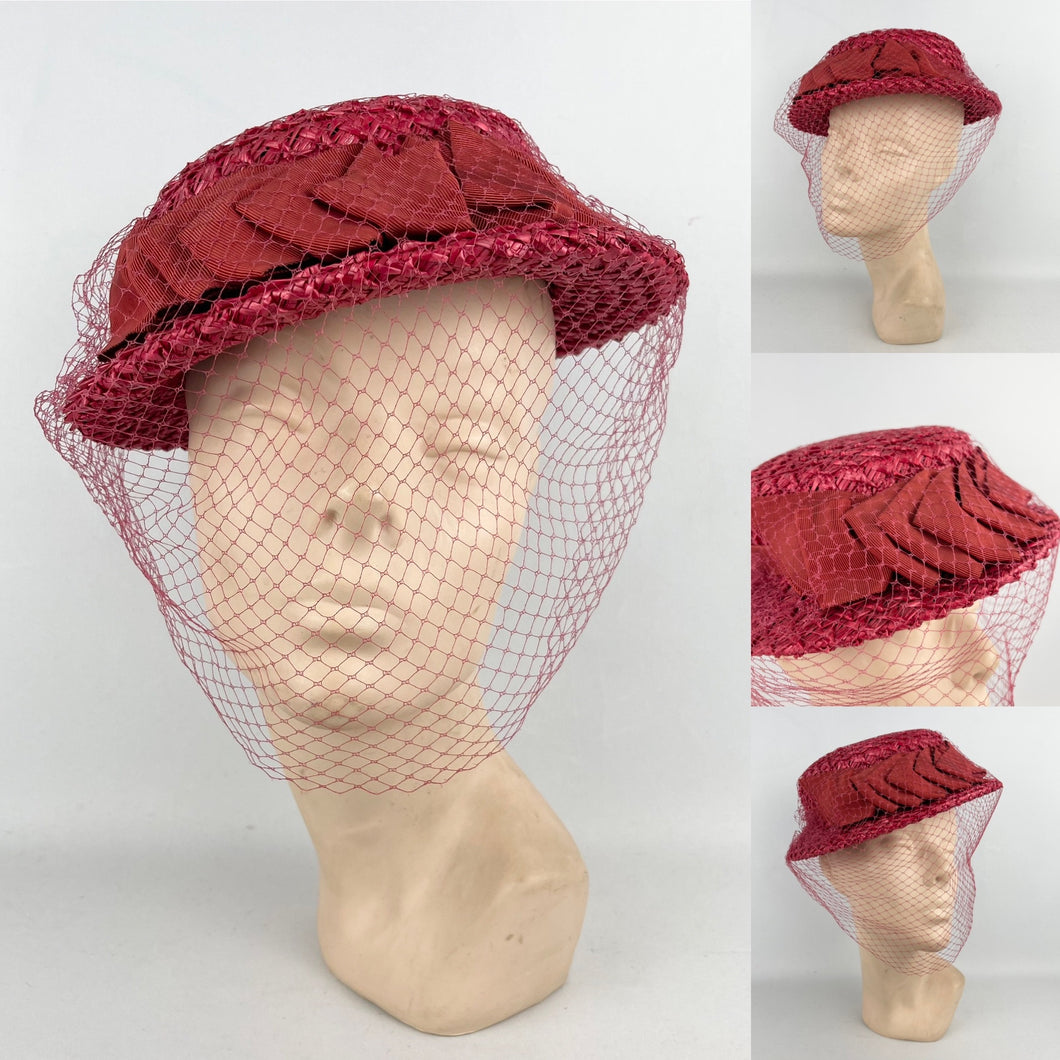 Original 1940's Stunning Pink Coarse Straw Hat with Grosgrain Trim and Face Veil