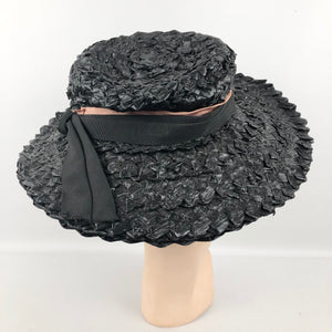 1930s Black Lacquered Raffia Wide Brimmed Sun Hat