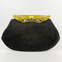 Load image into Gallery viewer, Original 1940&#39;s American Made Black Fabric Bag with Huge Chunky Apple Juice Bakelite Clasp *
