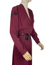 Load image into Gallery viewer, Original 1940&#39;s Burgundy Satin Backed Crepe Sequined Evening Dress with Tie Belt by Crompton Perry - Bust 38 40 42
