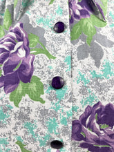 Load image into Gallery viewer, 1940&#39;s Reproduction Floral Print Blouse with Large Purple Roses and Grey Buttons Made From and Original 1940&#39;s Feed Sack - Bust 34&quot; 35&quot;
