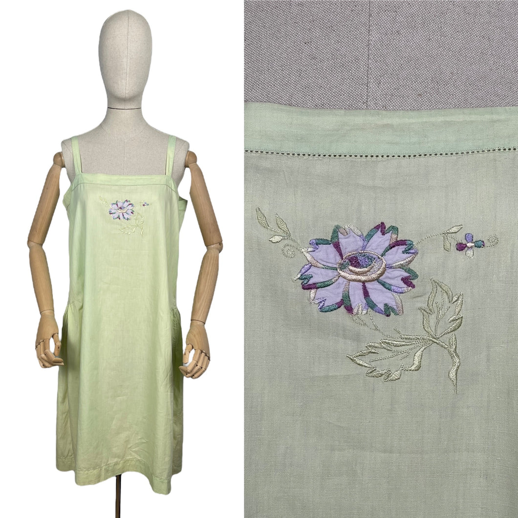 Original 1920's Volup Green Slip with Floral Applique and Embroidery in Purple, Green and Cream - Bust 38 40