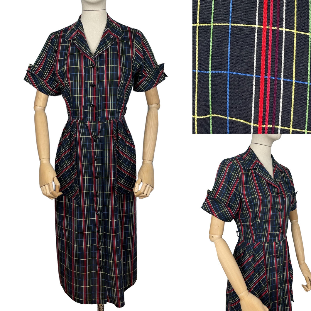 Original 1940’s 1950’s Black and Plaid Fine Cotton Dress with Glass Buttons - Bust 38 *