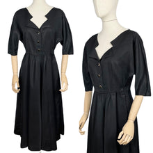 Load image into Gallery viewer, Original 1950&#39;s Inky Black Taffeta Cocktail Dress - Fabulous Little Black Dress with Full Skirt and Black and Gold Buttons - Bust 34 35 36
