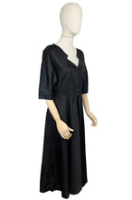 Load image into Gallery viewer, Original 1950&#39;s Inky Black Taffeta Cocktail Dress - Fabulous Little Black Dress with Full Skirt and Black and Gold Buttons - Bust 34 35 36
