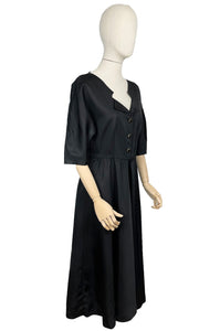 Original 1950's Inky Black Taffeta Cocktail Dress - Fabulous Little Black Dress with Full Skirt and Black and Gold Buttons - Bust 34 35 36