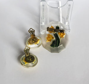 Yellow Lucite Brooch and Earring Set