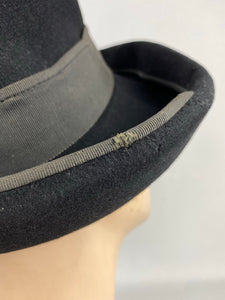 Original 1930s 1940s Inky Black Felt Hat with Wide Brim and Grosgrain Trim