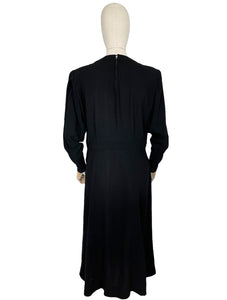 Original Late 1930's Inky Black Wool Dress with Zip Sleeves and Plunging Neckline by Dorothy's of Tulsa - Bust 40 42