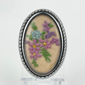 Vintage Embroidered Floral Picture Brooch on Pink Silk