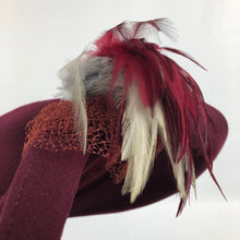 Load image into Gallery viewer, 1930s Burgundy Felt Hat with Grey and Burgundy Feather Trim
