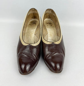 Original 1930's Two-Tone Brown and Cream Court Shoes with Punch Detail - UK 4*