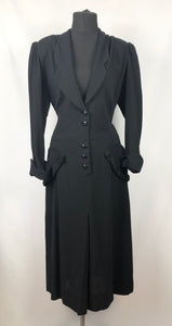 1930s 1940s Black Wool Day Dress with Faux Fur Trim on Pockets - Bust 42 44