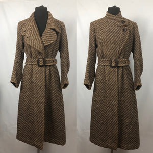 1930s Brown and Cream Stripe Tweed Belted Coat with Double Collar - Bust 36 38