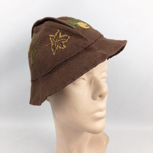Original 1930s Brown Felt Hat with Autumnal Embroidery