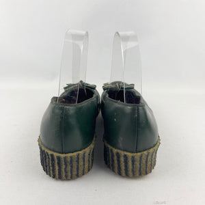 Original 1940's 1950's Forest Green Leather Slip on Shoes with Bow Trim - UK 5 *