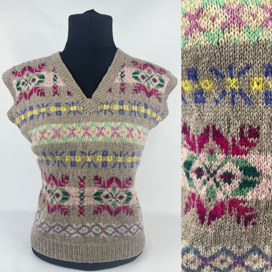 Original 1940s Fair Isle Slipover in Pink, Green, Purple and Yellow - Bust 36 37 38