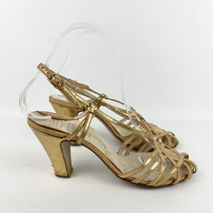 Original 1940's Gold Leather Evening Shoes - Dinner Gong by Van-Dal - UK 3.5 4