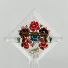 Load image into Gallery viewer, Original 1940s 1950s Reverse Carved Diamond Shaped Lucite Brooch with Cluster of Six Flowers *
