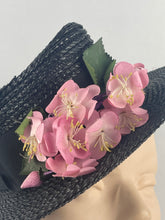 Load image into Gallery viewer, Original 1930s or 1940s Black Straw Hat with Pretty Pink Floral Trim
