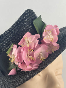 Original 1930s or 1940s Black Straw Hat with Pretty Pink Floral Trim