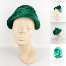 Load image into Gallery viewer, Original 1950&#39;s Bonnet Style Hat in Vibrant Green Velvet with Black Trim
