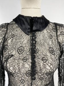 Original 1930s Black Lace Tunic Blouse with Asymmetrical Finish - Bust 32 33 34