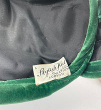 Load image into Gallery viewer, Original 1950&#39;s Rich Green Cotton Velvet Hat with Leaf Detail and Sequin Trim
