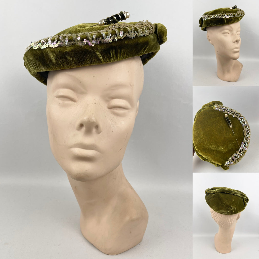 Original 1950’s Green Velvet Evening Hat with Matching Hat Pin - Pretty Sequin Trim