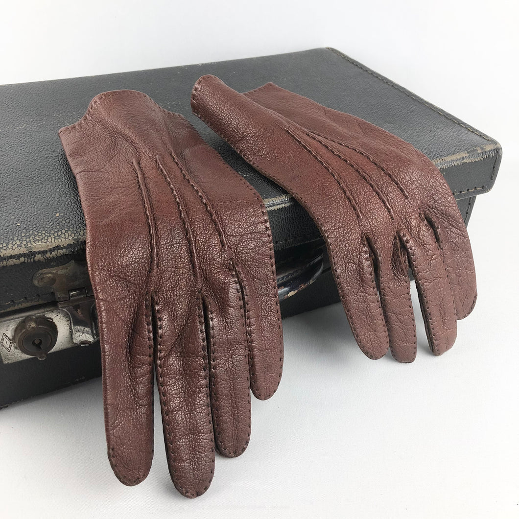Original 1940s 1950s Soft Brown Leather Gloves with Button Closure - Size 7 or 7.5