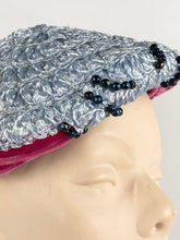 Load image into Gallery viewer, Original 1950s Ice Blue Straw Hat with Pink Velvet Trim and Blue Beading *
