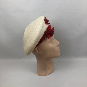 1940s Cream Straw Hat with Red Grosgrain Trim and Red Stars