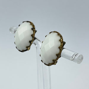 Vintage Faceted White Glass Clip-on Earrings on Gold-tone Clips