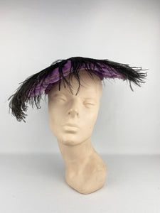 Fabulous Original 1950s Platter Hat in Purple Velvet with Black Ostrich Feather Trim