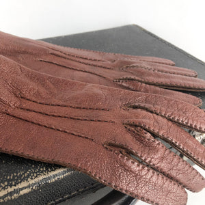 Original 1940s 1950s Soft Brown Leather Gloves with Button Closure - Size 7 or 7.5