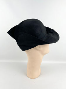 Original 1930's Austrian Made Inky Black Fur Felt Hat with Bow Trim