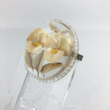 Load image into Gallery viewer, Original 1940s 1950s Reverse Carved Circular Lucite Brooch with Pansies *

