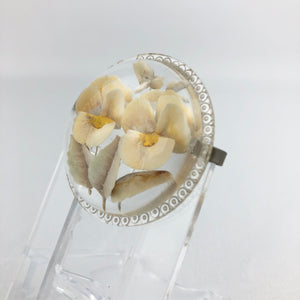 Original 1940s 1950s Reverse Carved Circular Lucite Brooch with Pansies *