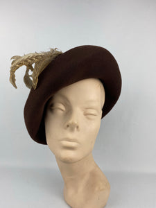 Original 1930s 1940s Chocolate Brown Felt Hat with Feather Trim