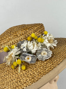 Original 1930's Wide Brimmed Natural Straw Hat with Cluster of Fabric Flowers