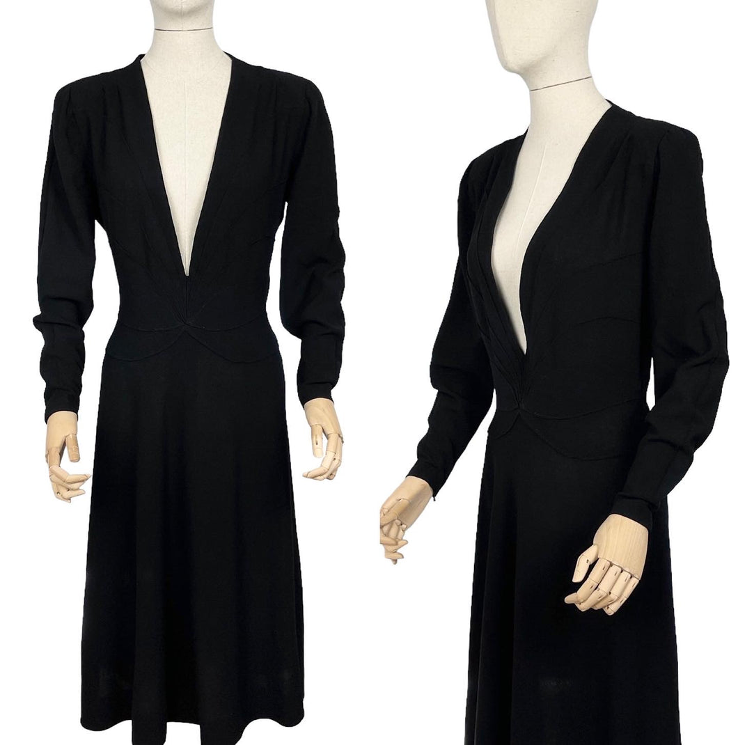 Original Late 1930's Inky Black Wool Dress with Zip Sleeves and Plunging Neckline by Dorothy's of Tulsa - Bust 40 42