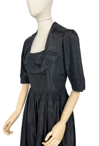 Original 1950's Inky Black Taffeta Cocktail Dress - Fabulous Little Black Dress with Front Drapes - Bust 34 35