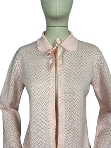 Original 1950's Pink Machine Knitted Bed Jacket with Satin Bow Tie - Sweet Cardigan - Bust 36