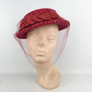 Original 1940's Stunning Pink Coarse Straw Hat with Grosgrain Trim and Face Veil