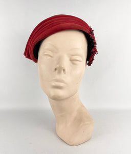 Original 1950s Libye Diamond Red Velvet Hat with Beaded Leaf Applique *