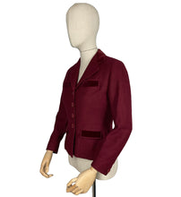 Load image into Gallery viewer, Original 1940&#39;s Burgundy Herringbone Wool Jacket with Rich Velvet Trim - Bust 34 35
