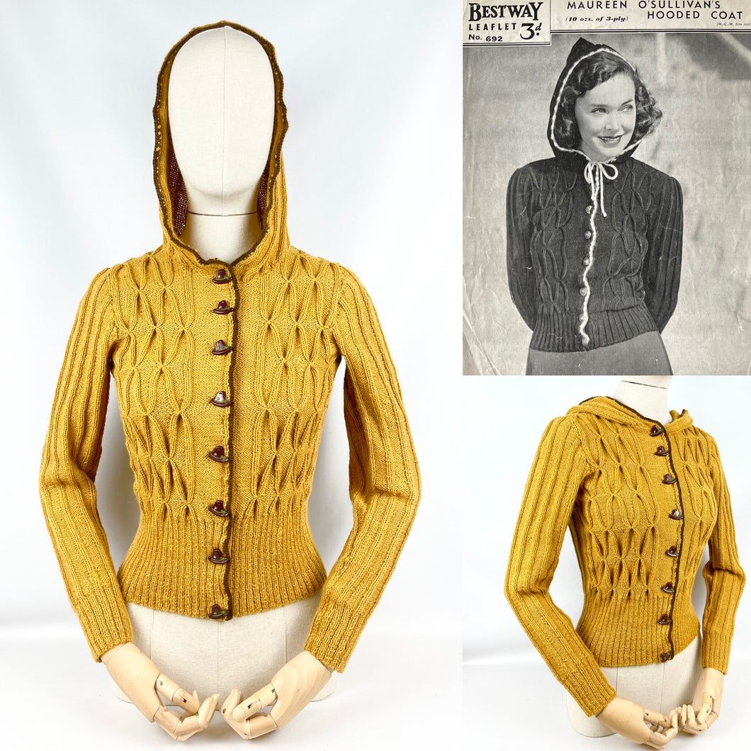 1930's Reproduction Hand Knitted Long Sleeved Hooded Cardigan in Mustard Alpaca Wool With Novelty Hat Buttons - Bust 34 35